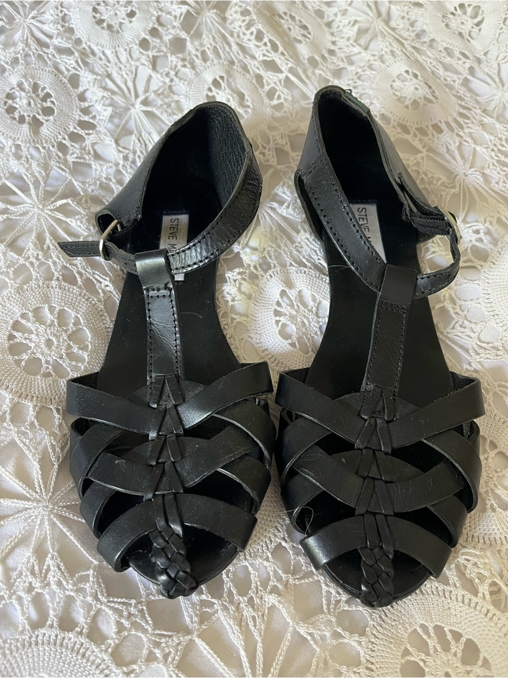 Steve Madden Black Braided T-Strap Sandals with Ankle Strap - Size 37
